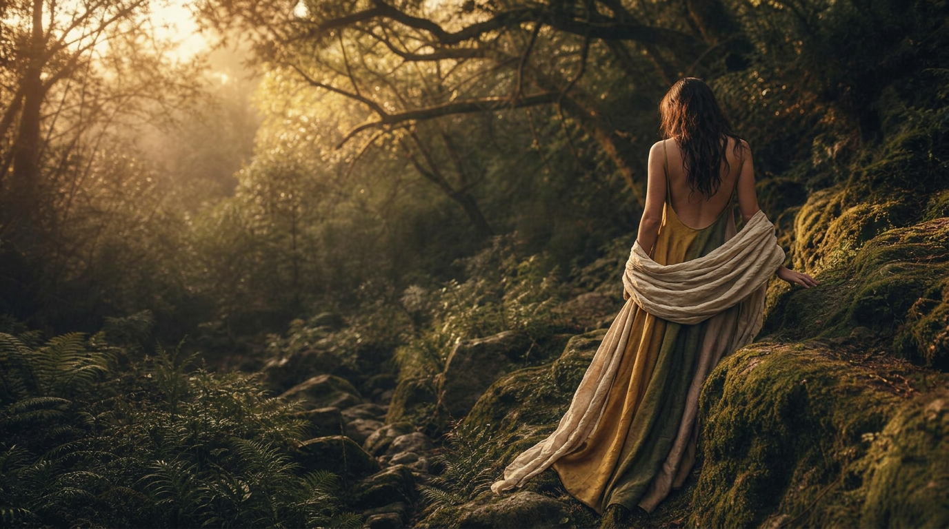 A woman descending into a wild ancient forest
