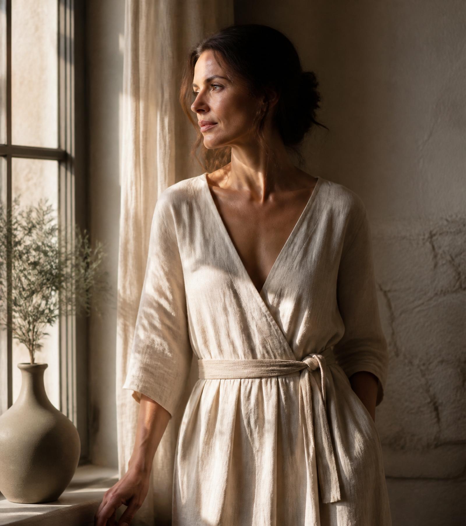 Woman in soft morning light, moment of stillness